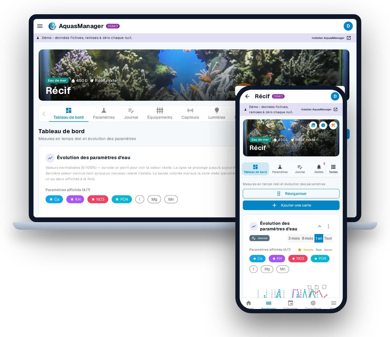 AquasManager on a computer and a phone: dashboard of a reef aquarium
